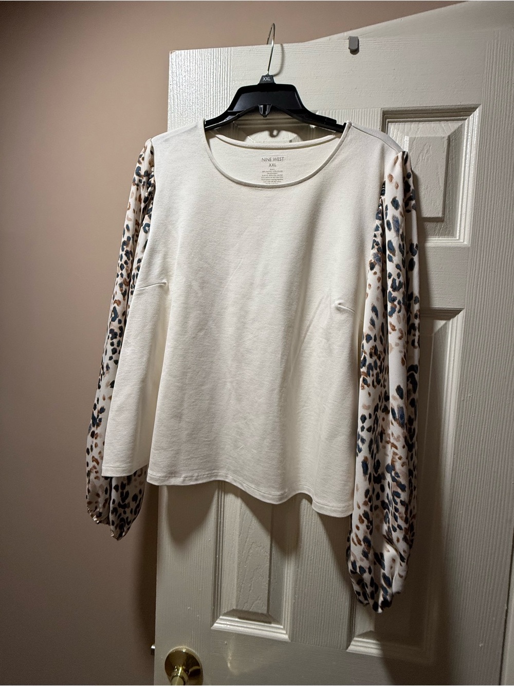 Nine West Ivory Pullover with Leopard-Print Balloon Sleeves